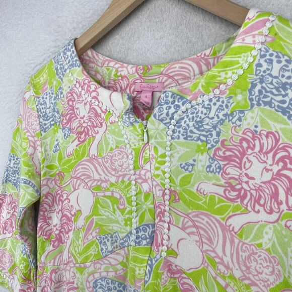 LILLY PULITZER Dress S Mini Tunic Lion Floral Zip Front Long Sleeve Cotton Green - Picture 4 of 16